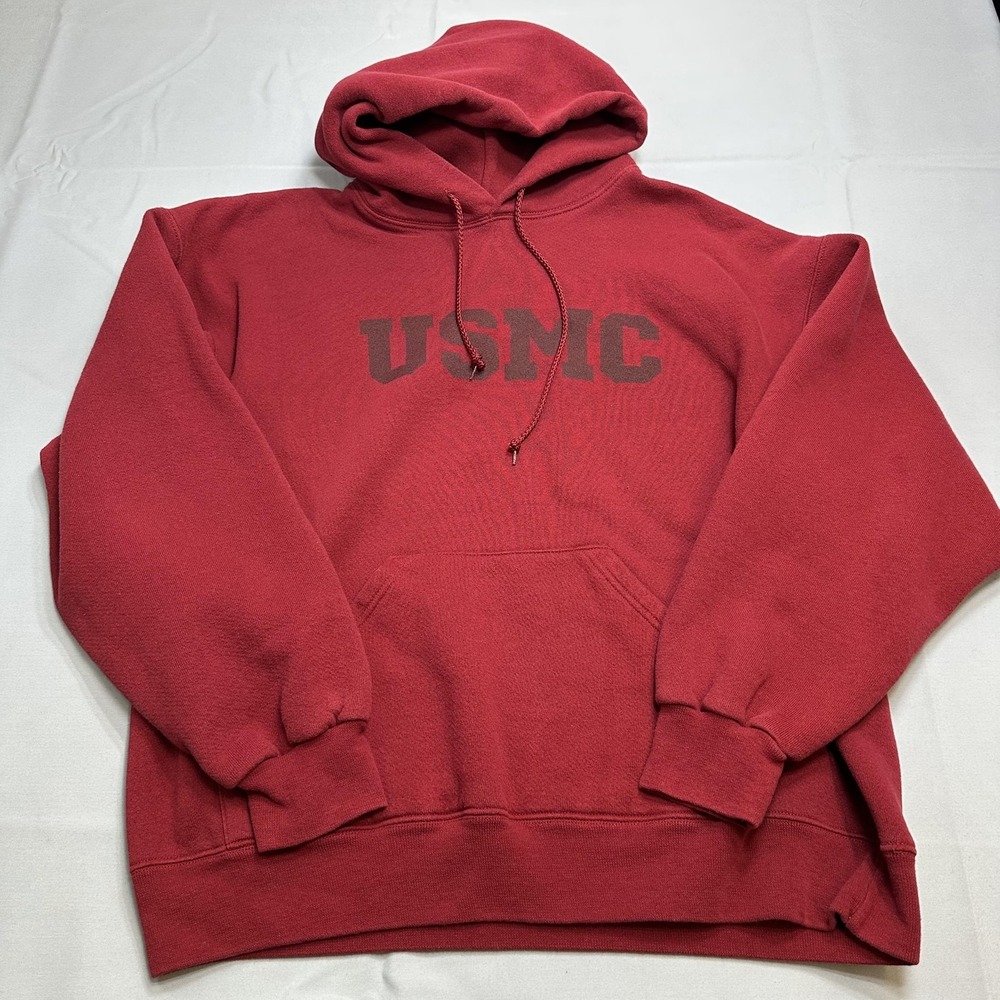 Soffe Hoodie Mens L Red Pullover USMC Graphic Heavyweight Fleece Drawstring